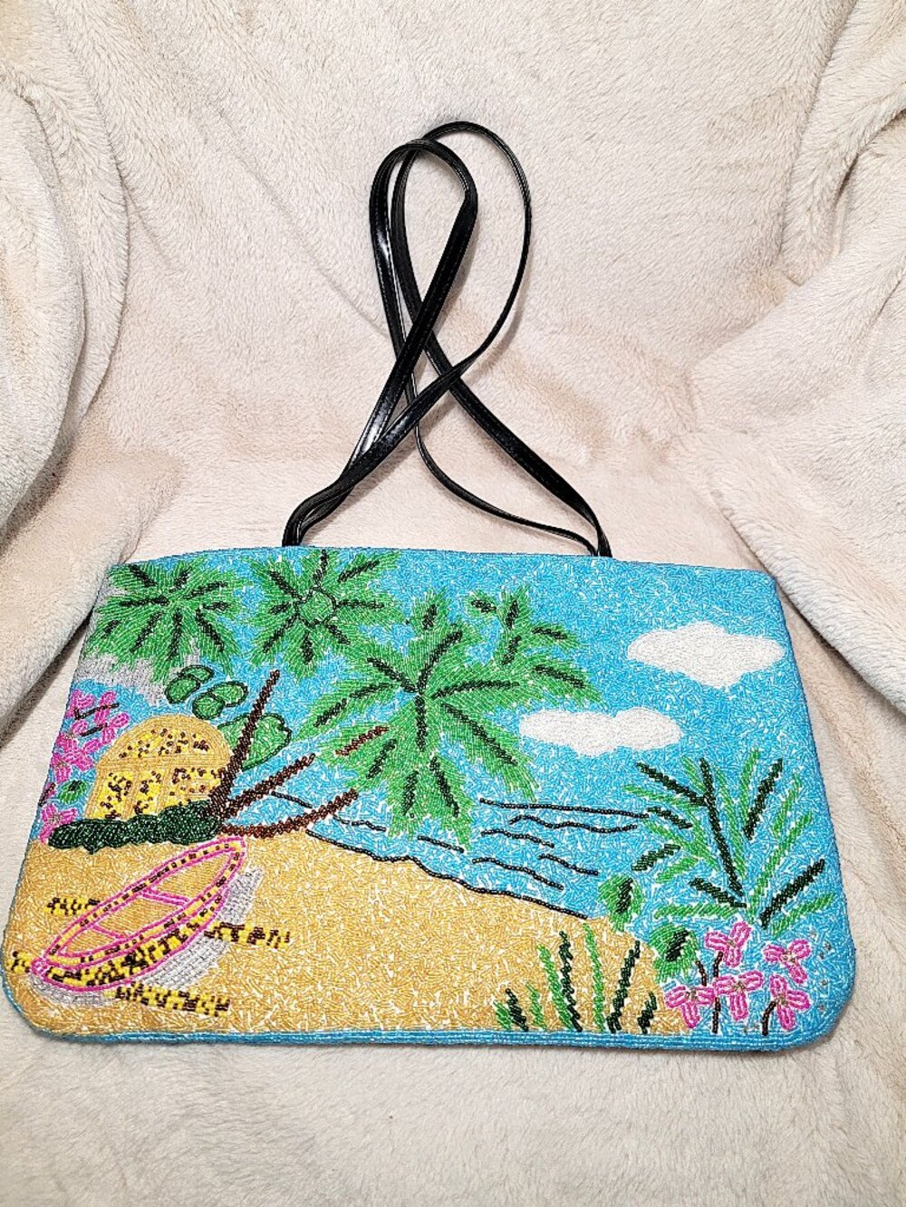 Vintage Beautiful Tropical Island Beach Water Scene Fully Beaded Purse Y&S